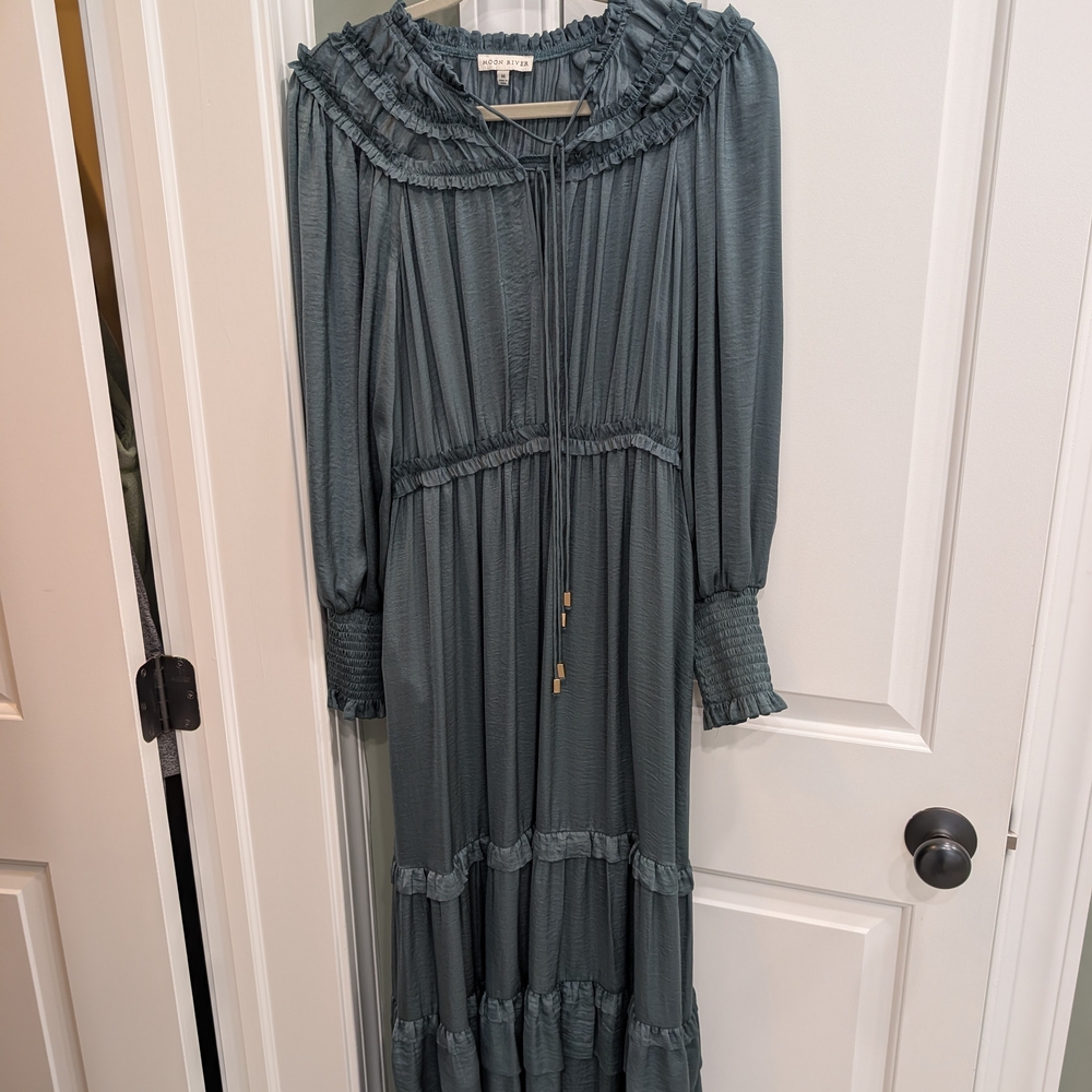 Moon River Slate Green Ruffle-Tiered Maxi Dress